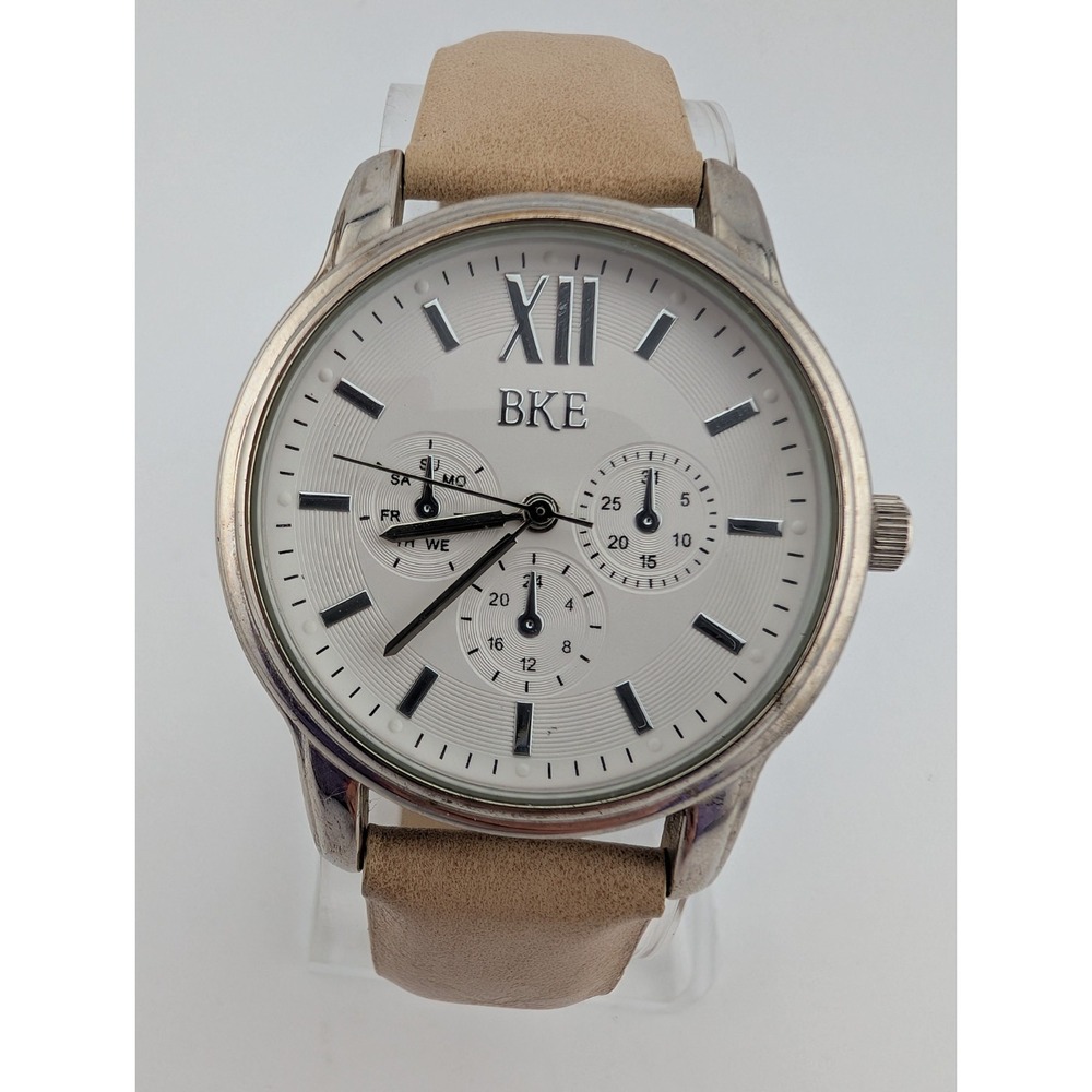 BKE Watch Women‎ Beige Faux Leather Band 38mm Silver Case- New Battery